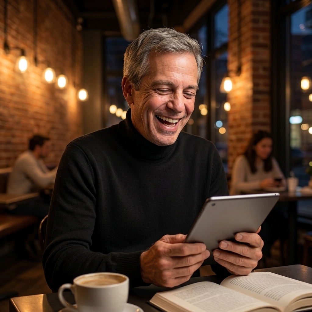 A man laughing at a tablet in a cafe