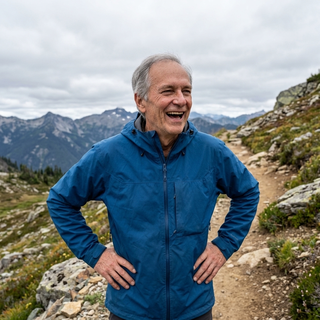 A man smiling on a mountain trail